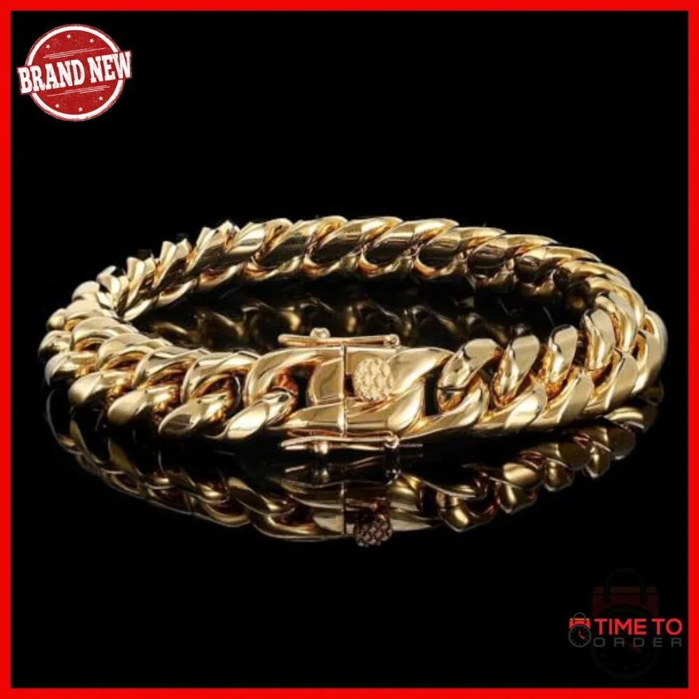 18K Gold Cuban Chain Bracelet 8 Inch Hip Hop Style Unisex Gift